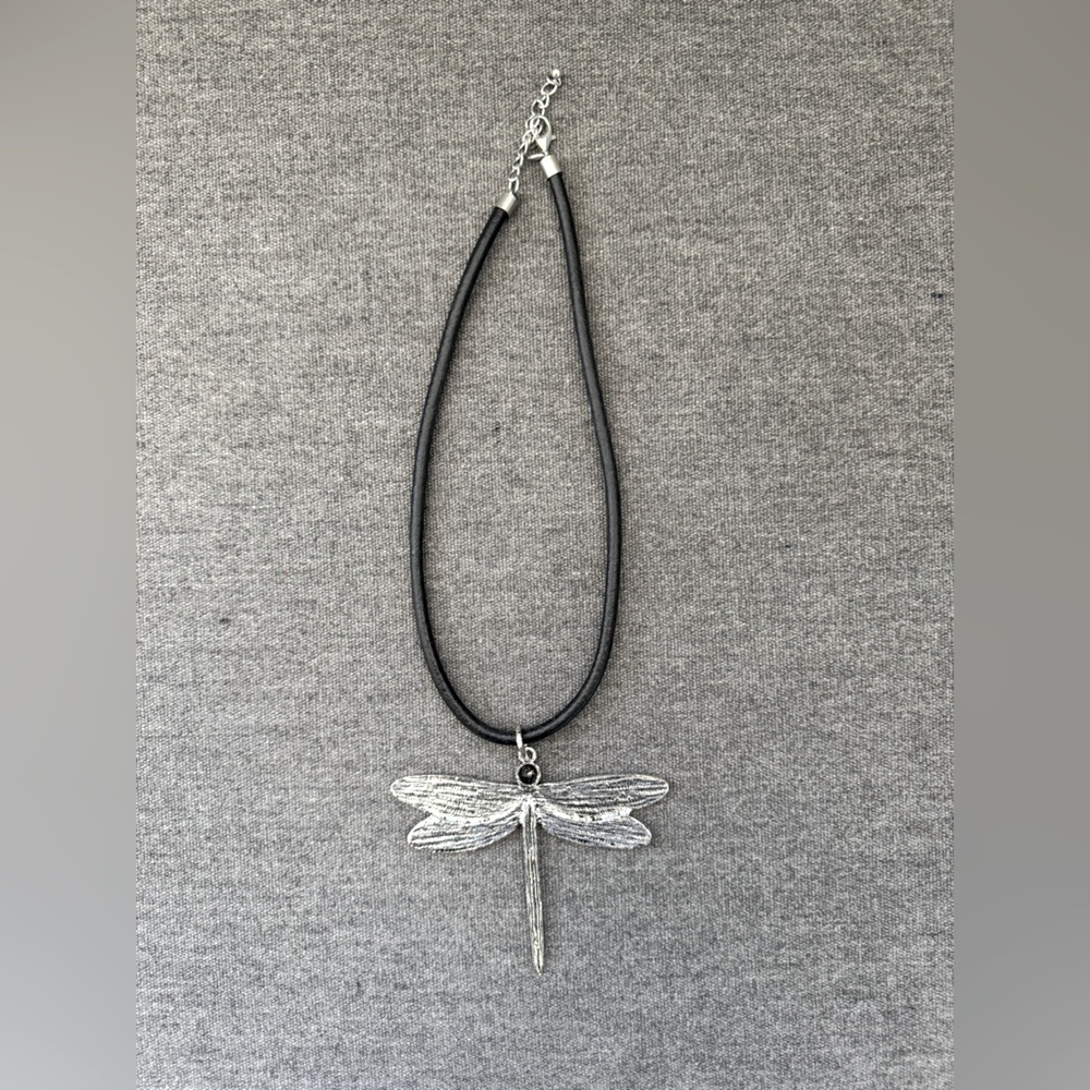Dragonfly Boho Silver Necklace on Black Leather Cord